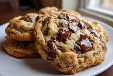 Close-up of several thick, chewy chocolate chip cookies piled on a white plate, featuring melted chocolate chunks.