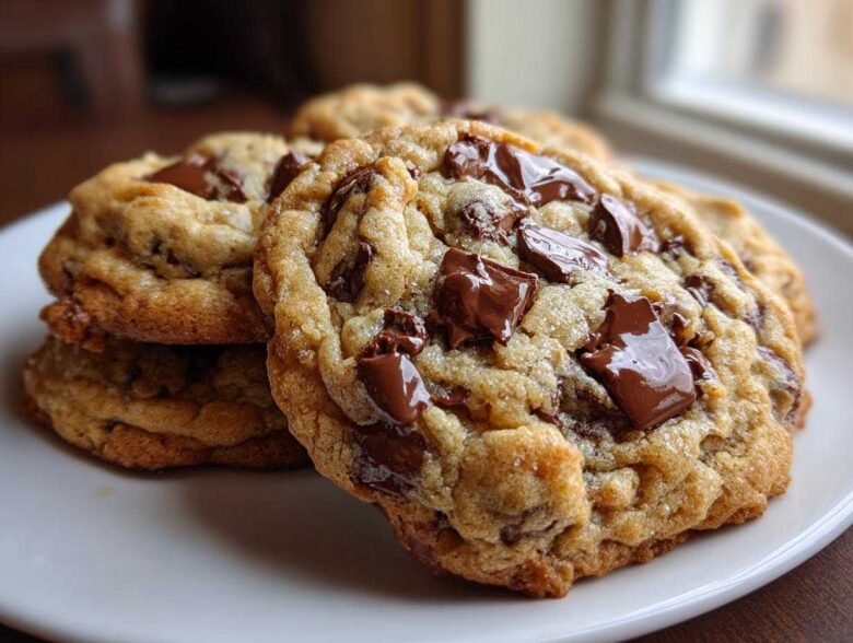 Close-up of several thick, chewy chocolate chip cookies piled on a white plate, featuring melted chocolate chunks.