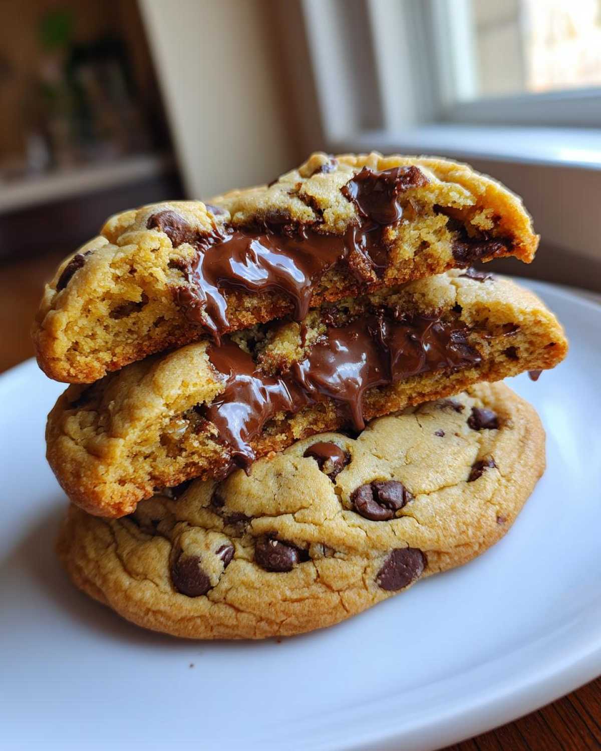 Close-up of three stacked chewy chocolate chip cookies, with the top two broken open revealing gooey, melted chocolate centers.