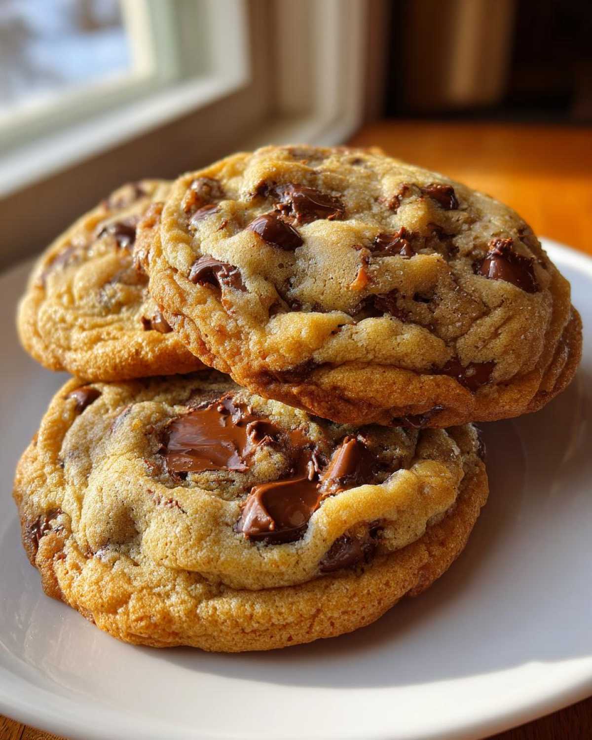 Three thick, golden brown chewy chocolate chip cookies stacked on a white plate with melted chocolate centers.