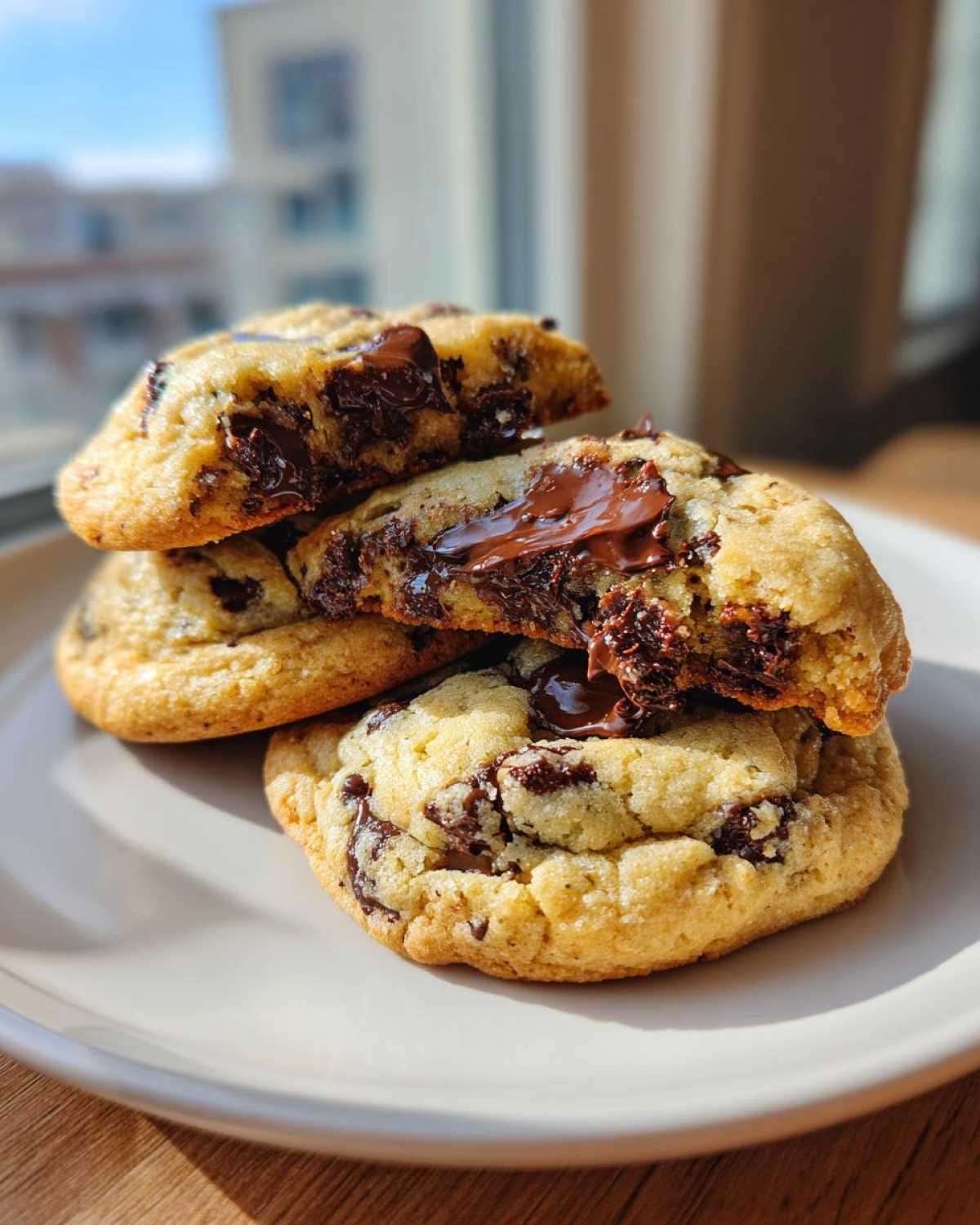 Stack of freshly baked chewy chocolate chip cookies with melted chocolate centers.