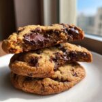 Stack of three chewy chocolate chip cookies, with the top one broken open revealing melted, gooey chocolate.