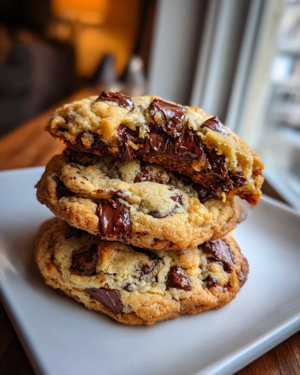 A stack of three thick, chewy chocolate chip cookies, with the top one broken open revealing a gooey, melted chocolate center.