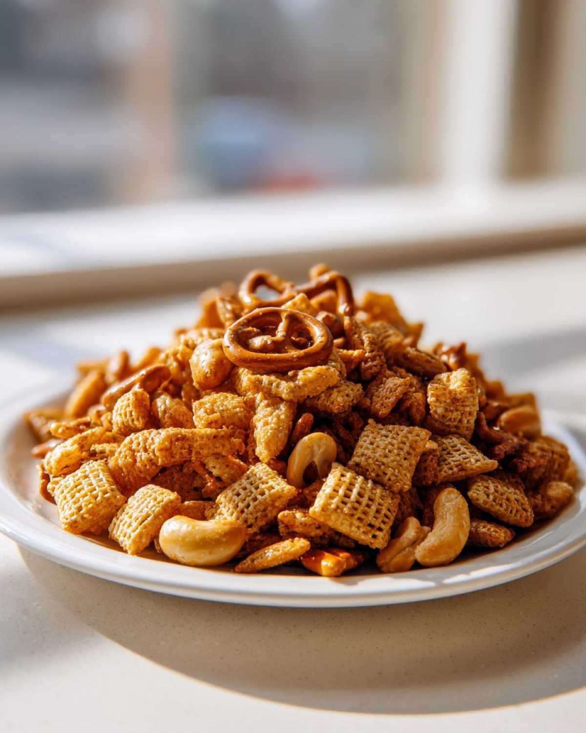 A generous mound of seasoned Chex party mix, featuring Chex cereal, pretzels, and cashews, piled high on a white plate.
