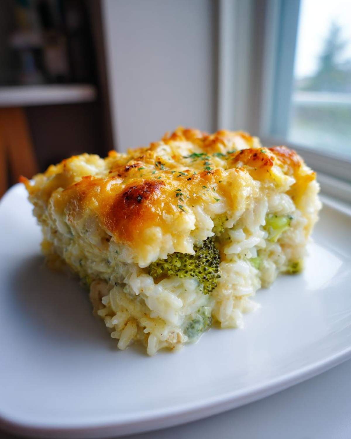 A square serving of creamy chicken broccoli rice casserole with a golden, bubbly cheese topping.
