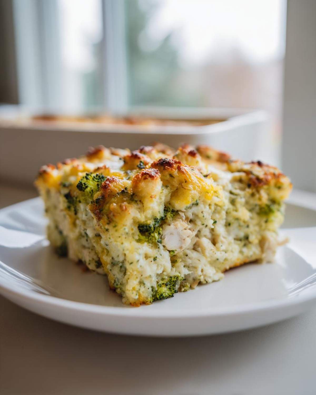 A close-up serving of baked chicken broccoli rice casserole with a golden, cheesy top, served on a white plate.