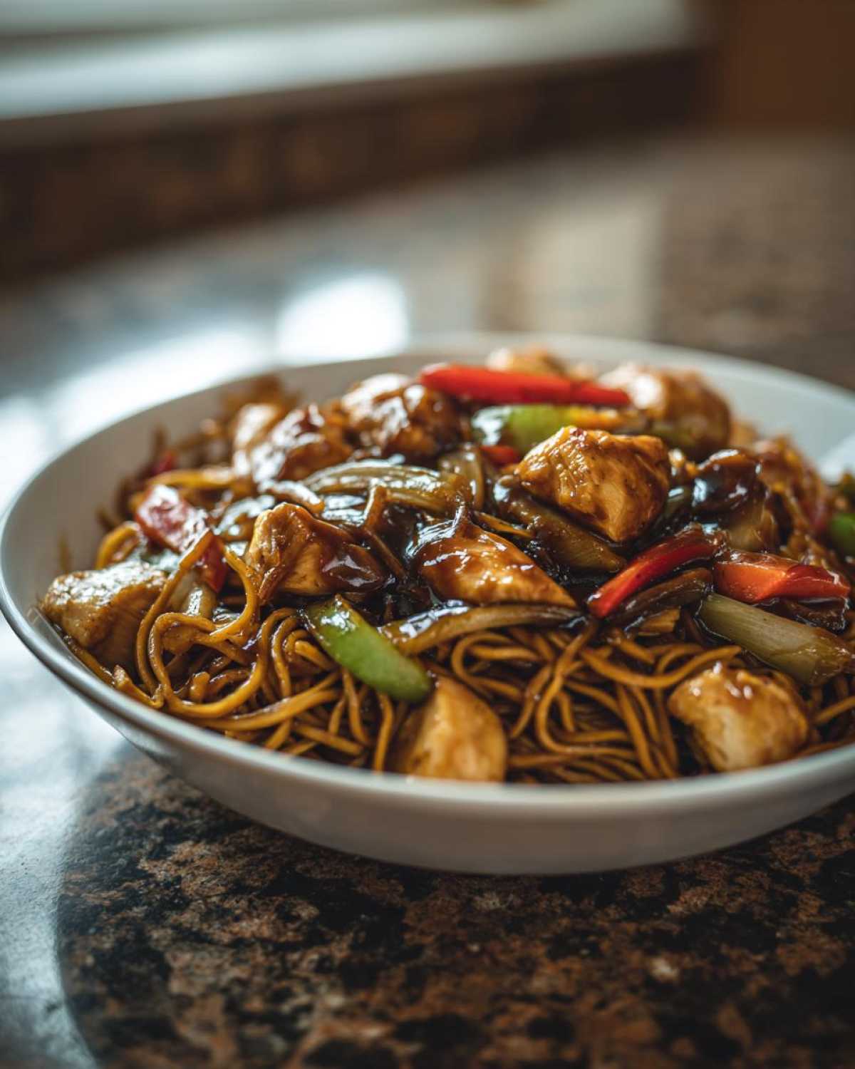 Close-up of a bowl filled with glossy chicken chow mein recipe, featuring noodles, chicken pieces, and colorful vegetables.