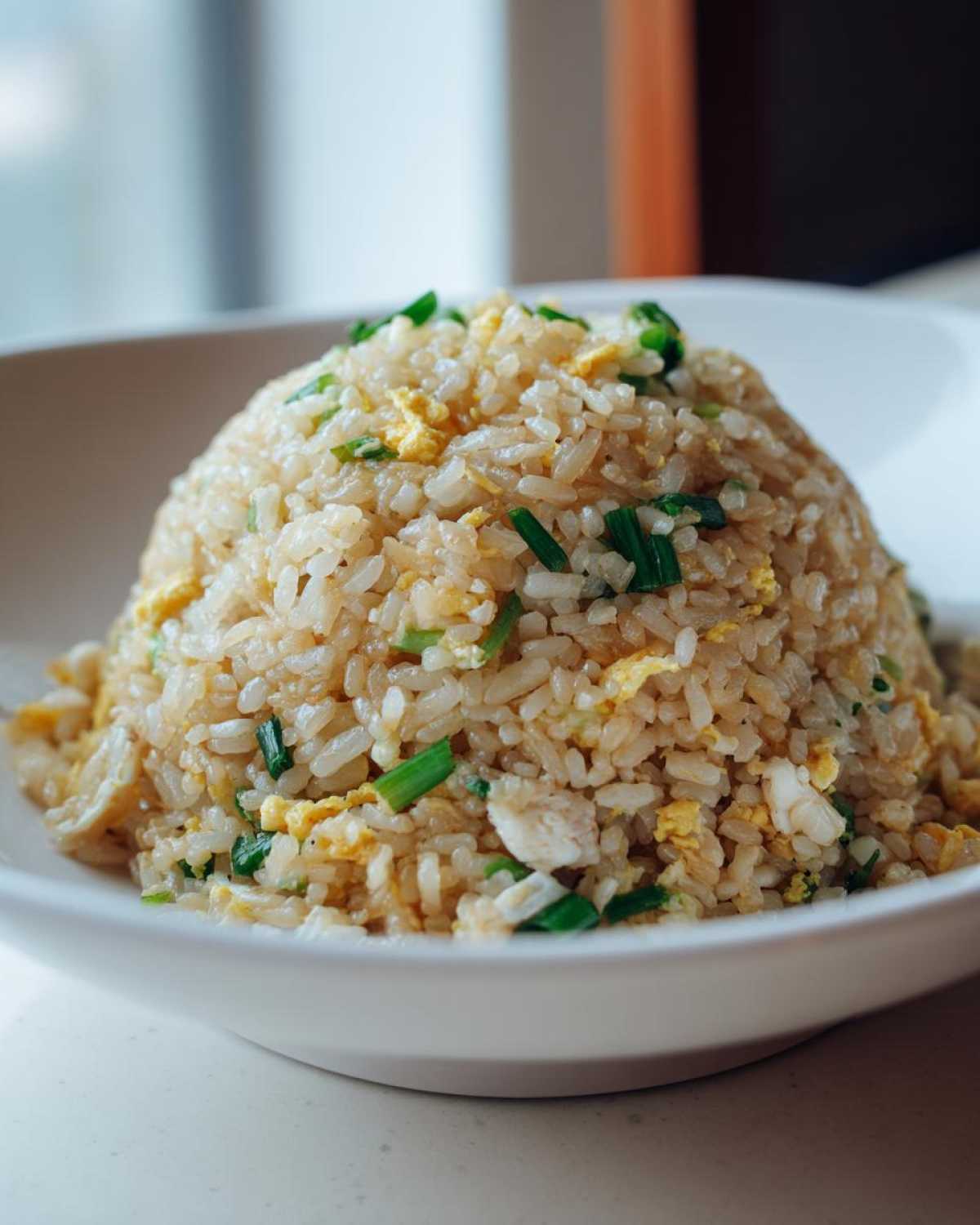 A mound of fluffy chicken fried rice mixed with scrambled egg and green onions, served in a white bowl.