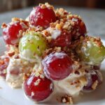 A decadent serving of grape salad, featuring red and green grapes coated in creamy dressing and topped with chopped pecans, resembling Chicken Salad Chick grape salad.