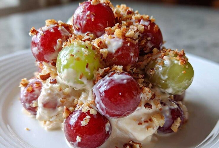 A decadent serving of grape salad, featuring red and green grapes coated in creamy dressing and topped with chopped pecans, resembling Chicken Salad Chick grape salad.
