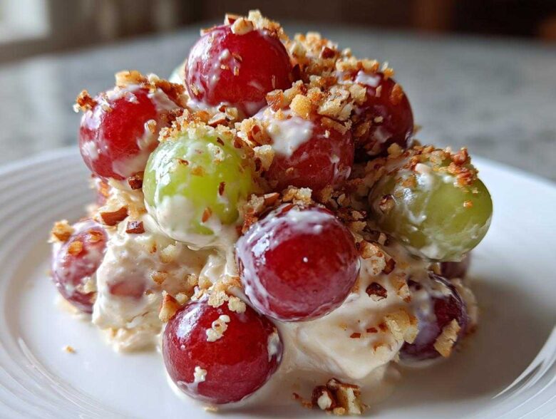 A decadent serving of grape salad, featuring red and green grapes coated in creamy dressing and topped with chopped pecans, resembling Chicken Salad Chick grape salad.