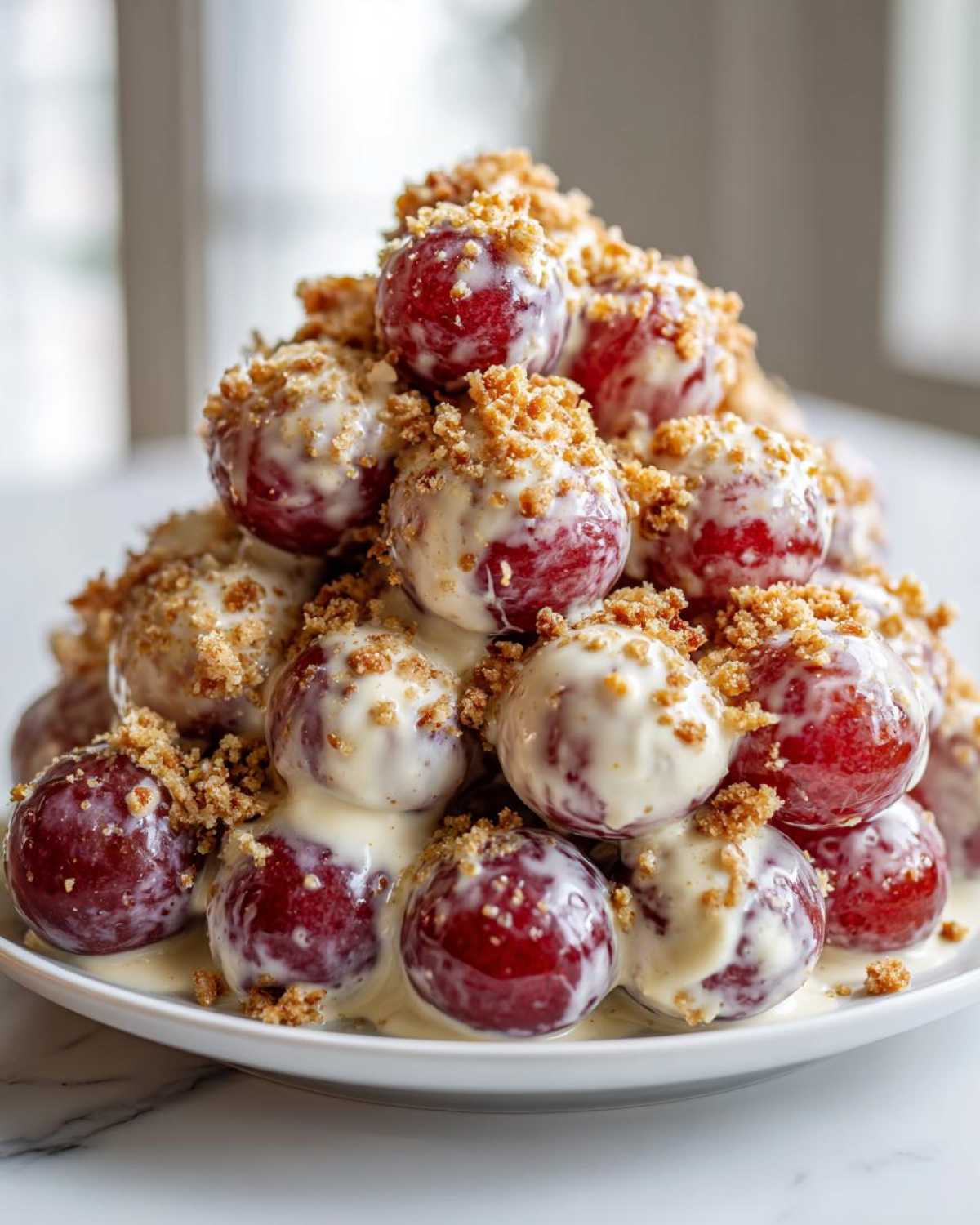 A mound of red grapes coated in creamy dressing and topped with brown sugar crumble, resembling the chicken salad chick grape salad.