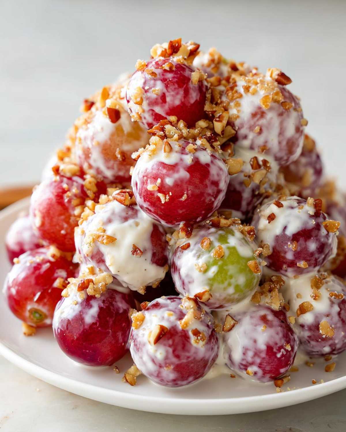 Close-up of a mound of grape salad coated in cream cheese dressing and topped with chopped pecans, similar to chicken salad chick grape salad.