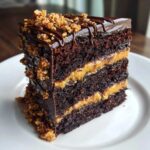A decadent slice of chocolate caramel toffee crunch cake showing three dark layers and caramel filling.