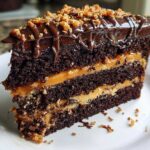 A decadent slice of chocolate caramel toffee crunch cake showing three dark chocolate layers separated by thick caramel filling.