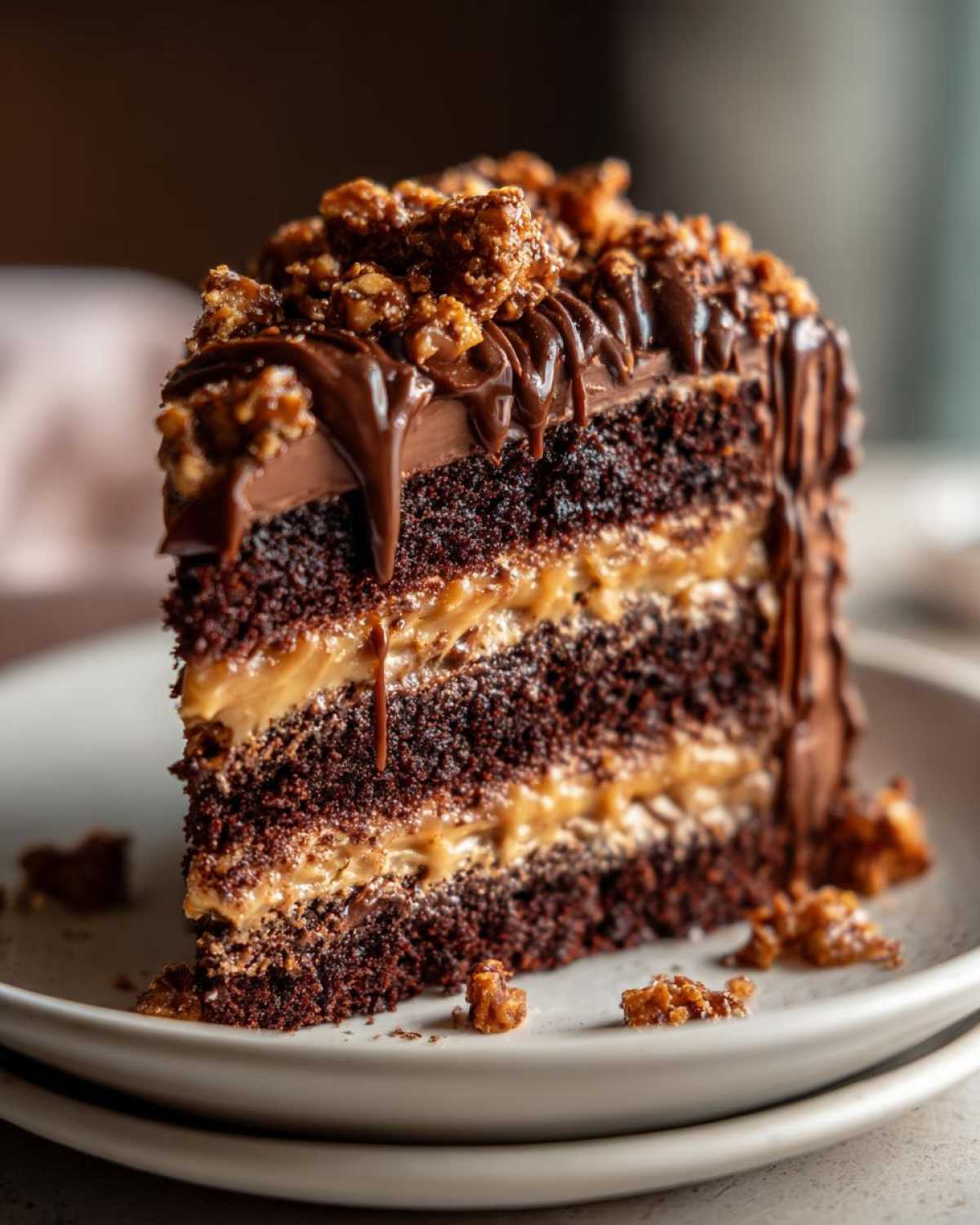 A decadent slice of chocolate caramel toffee crunch cake with thick layers and chocolate drizzle.