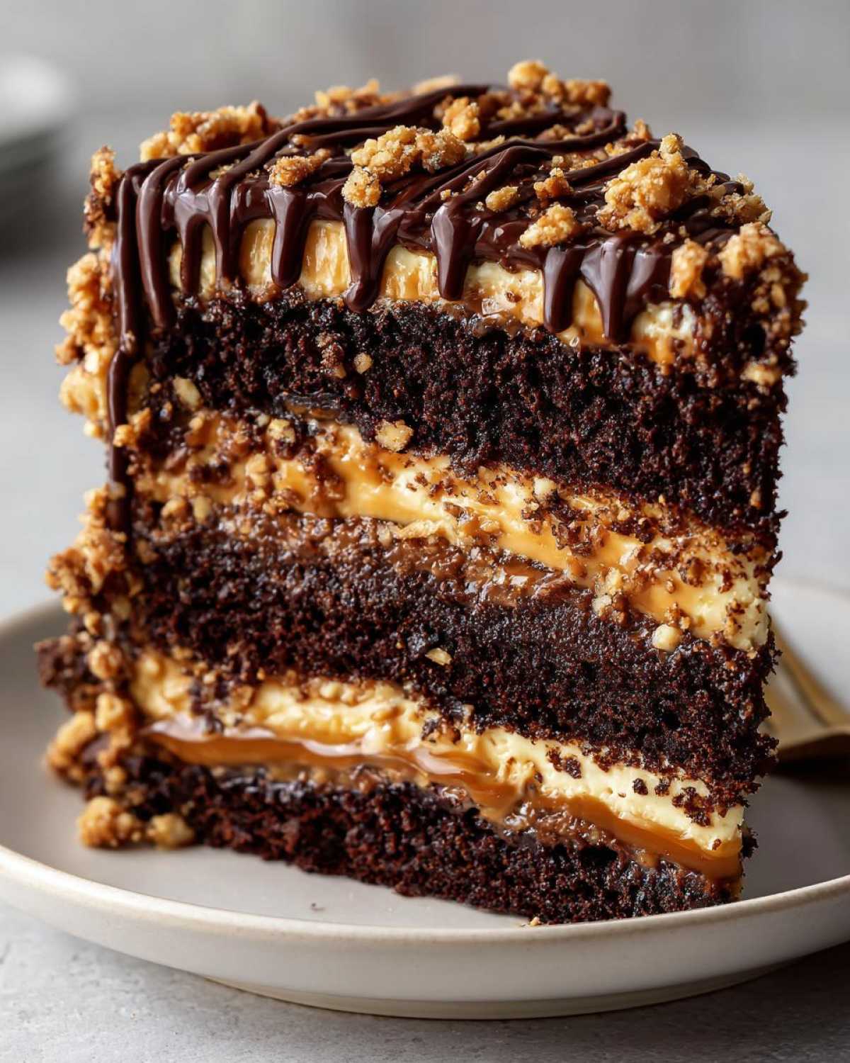 Close-up of a decadent slice of chocolate caramel toffee crunch cake with three layers.
