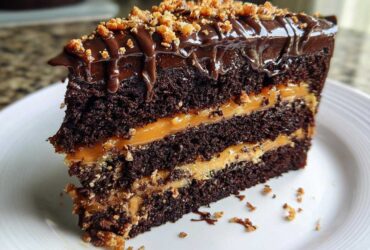 A decadent slice of chocolate caramel toffee crunch cake showing three dark chocolate layers separated by thick caramel filling.