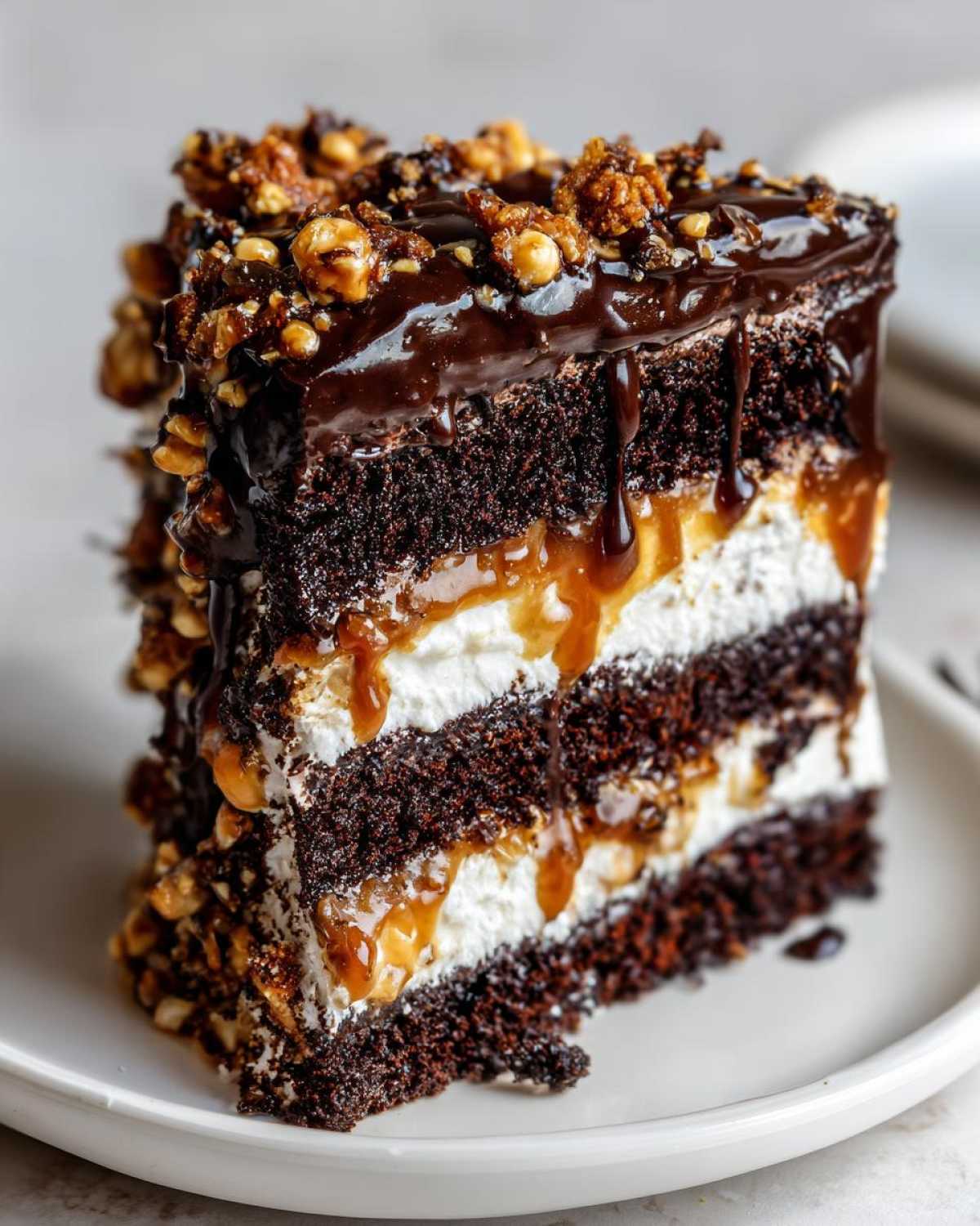A decadent slice of chocolate caramel toffee crunch cake showing three dark layers, white frosting, and dripping caramel sauce.