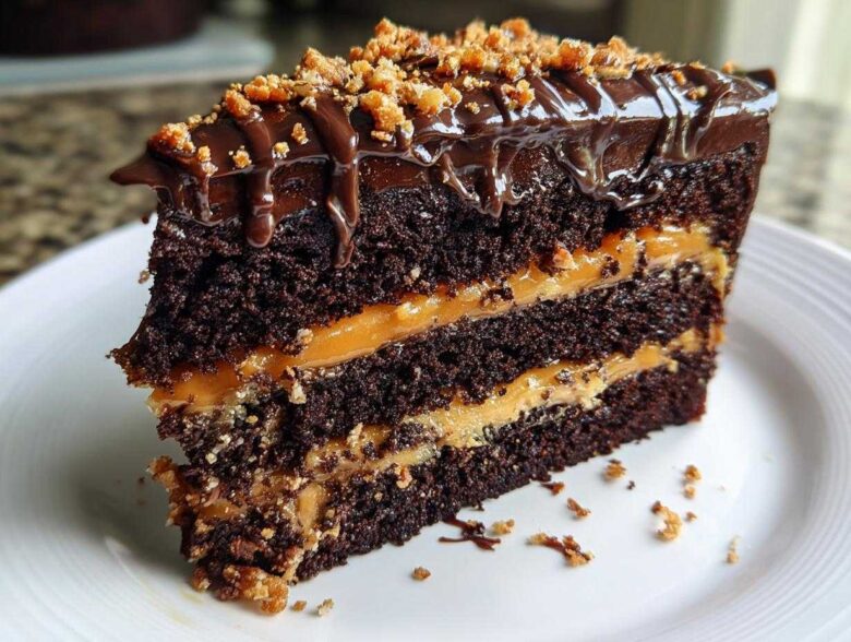 A decadent slice of chocolate caramel toffee crunch cake showing three dark chocolate layers separated by thick caramel filling.