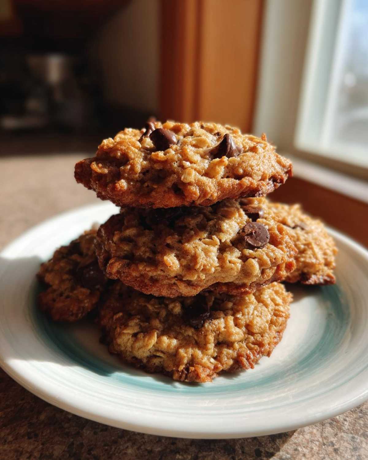 A stack of three freshly baked chocolate chip oatmeal cookie resting on a white and teal plate.
