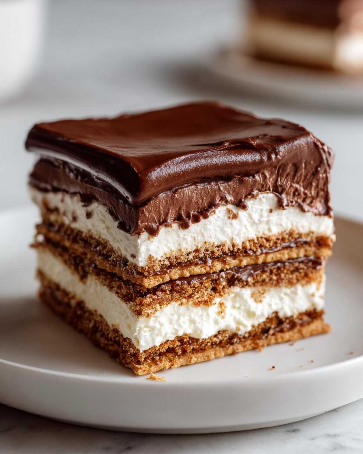 Close-up of a layered slice of chocolate eclair cake showing graham cracker crust, white cream, and rich chocolate frosting.