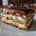Close-up of a layered slice of chocolate eclair cake with cream filling and chocolate frosting.