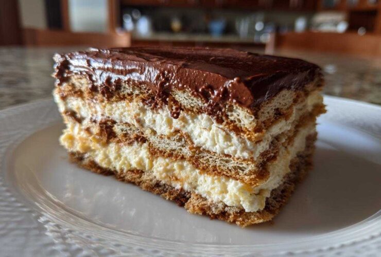 Close-up of a layered slice of chocolate eclair cake with cream filling and chocolate frosting.