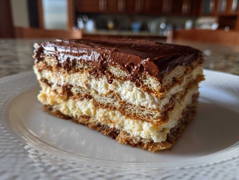 Close-up of a layered slice of chocolate eclair cake with cream filling and chocolate frosting.
