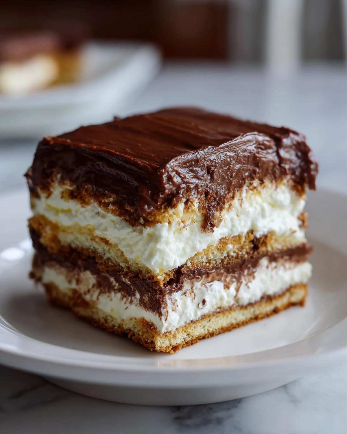 Close-up of a square slice of chocolate eclair cake showing layers of pastry, white cream, and chocolate frosting.