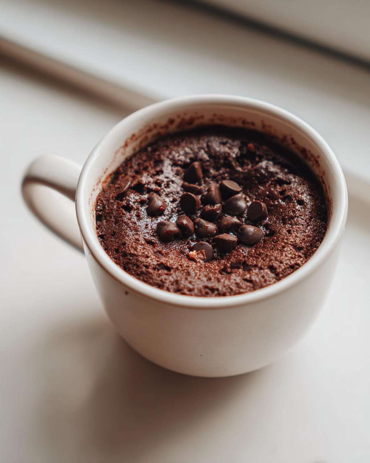 Close-up of a freshly baked chocolate mug cake topped with melted chocolate chips.