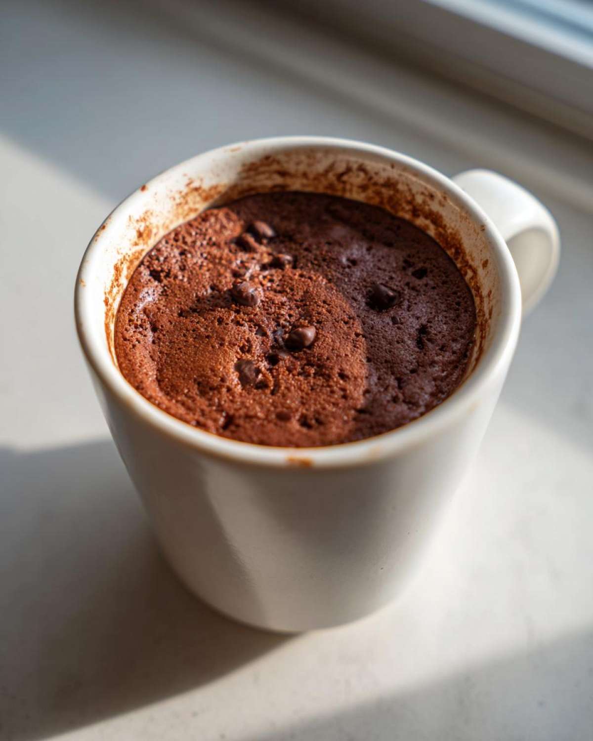 Close-up of a rich, dark chocolate mug cake topped with chocolate chips, served in a white mug.