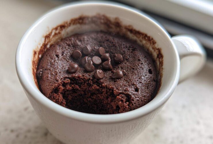 Close-up of a freshly baked chocolate mug cake in a white mug, topped with chocolate chips.