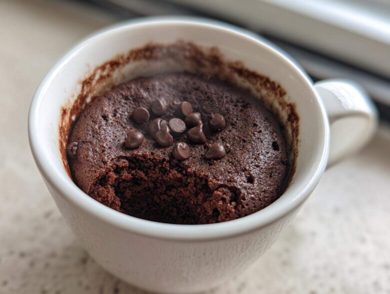 Close-up of a freshly baked chocolate mug cake in a white mug, topped with chocolate chips.