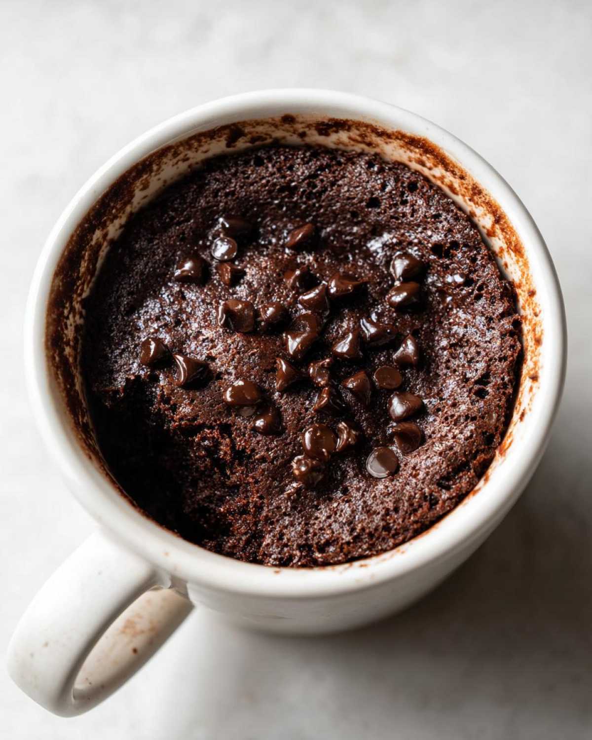 Overhead view of a freshly baked, rich chocolate mug cake topped with chocolate chips.