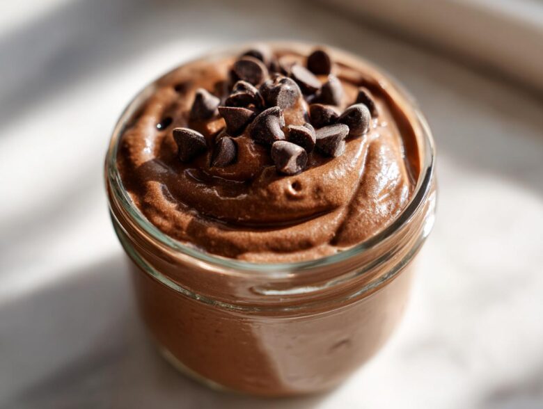 Close-up of creamy chocolate overnight oats in a glass jar, topped generously with mini chocolate chips.