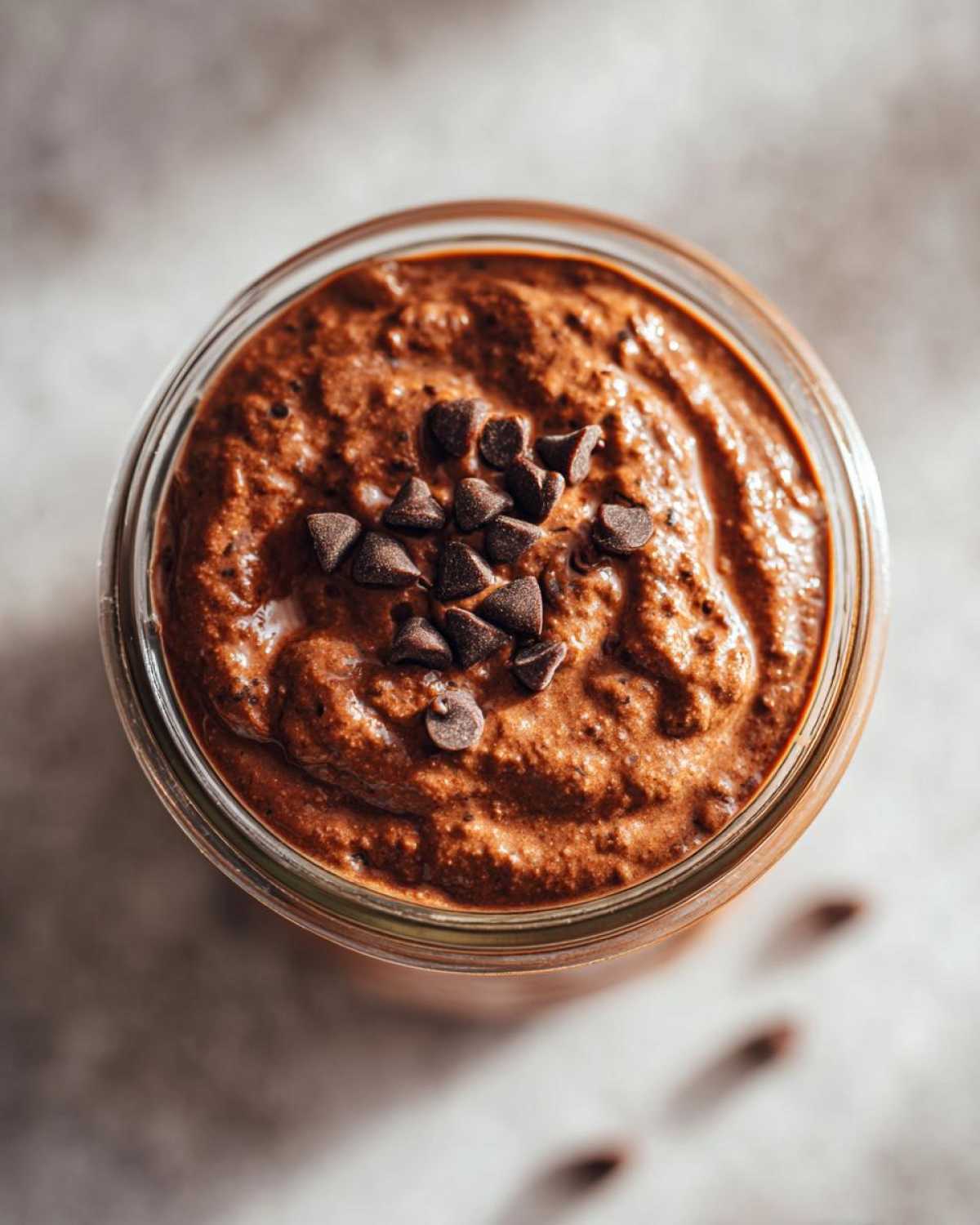 Overhead view of rich chocolate overnight oats topped with mini chocolate chips in a glass jar.