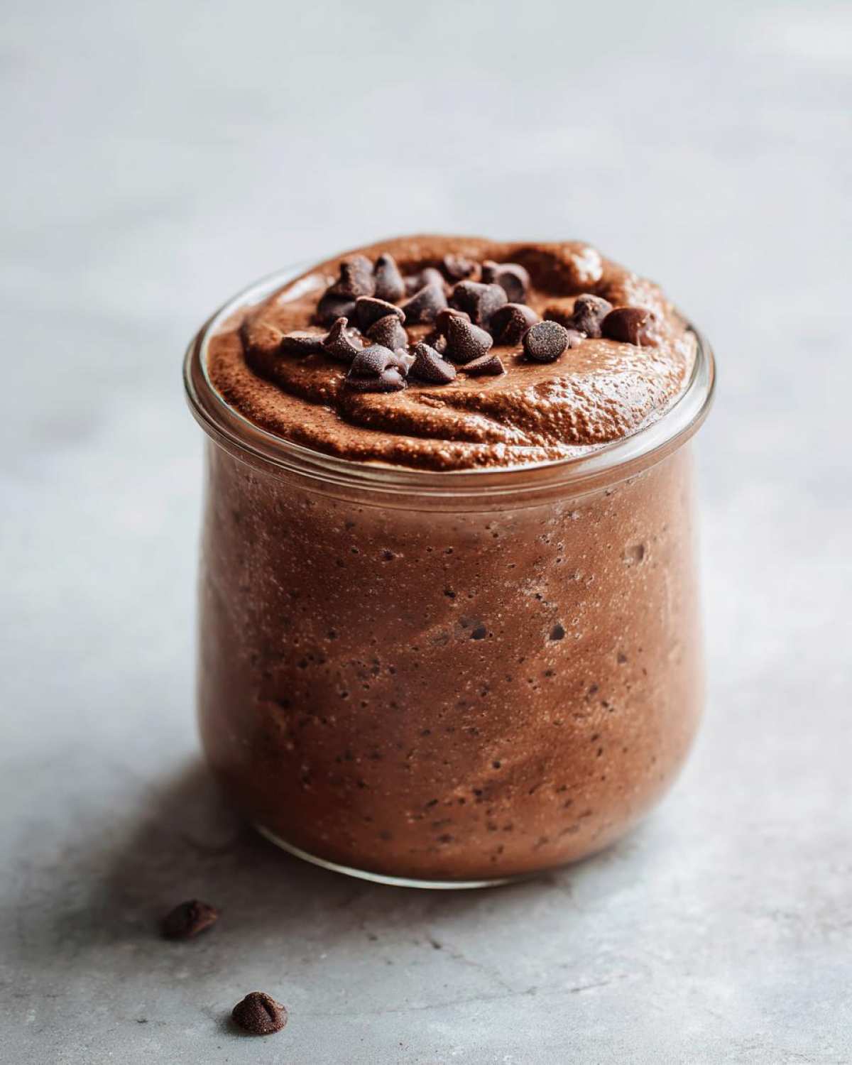 A glass jar filled with thick, rich chocolate overnight oats, topped with mini chocolate chips.