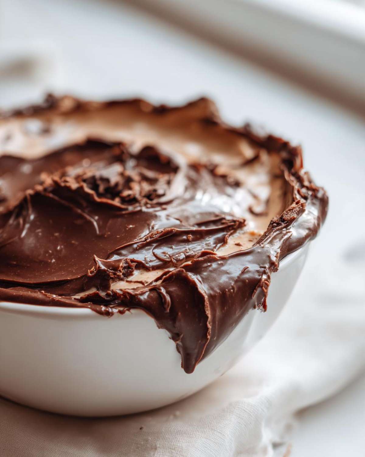 Close-up of a rich, decadent peanut butter dip topped and swirled with melted dark chocolate.