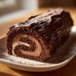 A cross-section view of a decadent chocolate yule log cake showing the swirl of cream filling.
