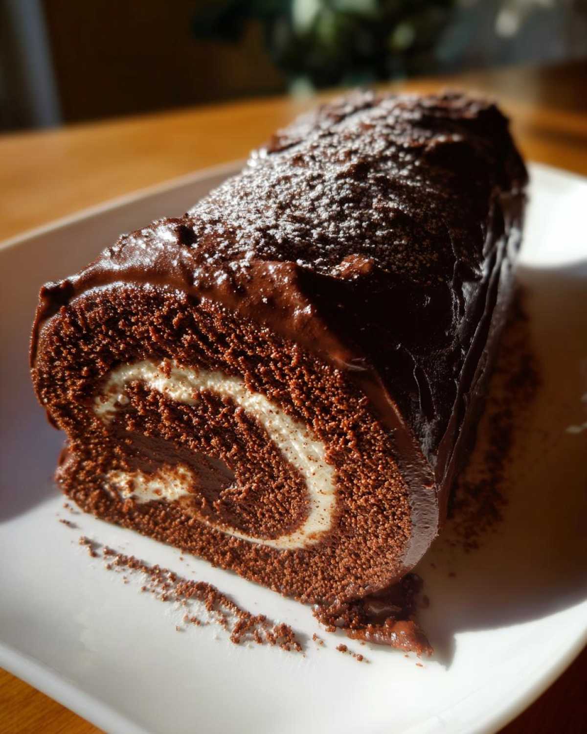 A cross-section of a rich chocolate yule log cake showing the swirl of cream filling, dusted with powdered sugar.