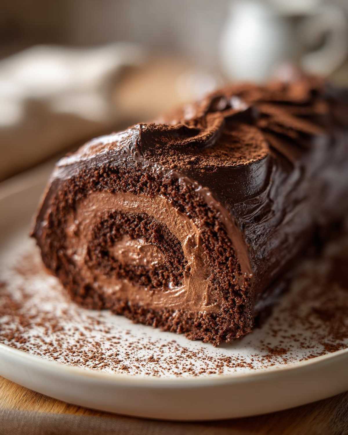 A close-up of a rich chocolate yule log cake slice showing the swirl of cake and filling, dusted with cocoa.