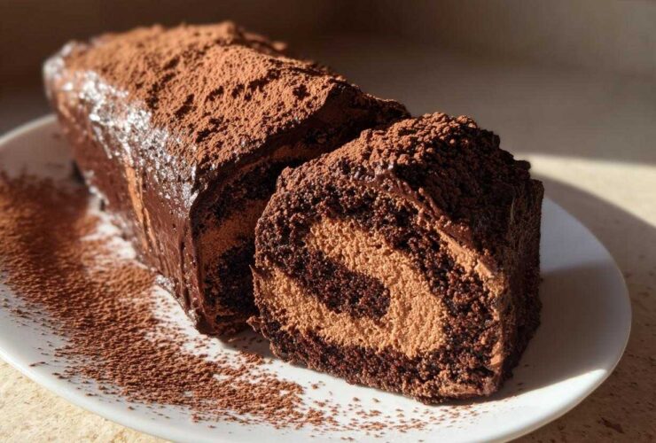 A rich, chocolate yule log cake dusted heavily with cocoa powder, with one slice cut to show the swirl of filling.