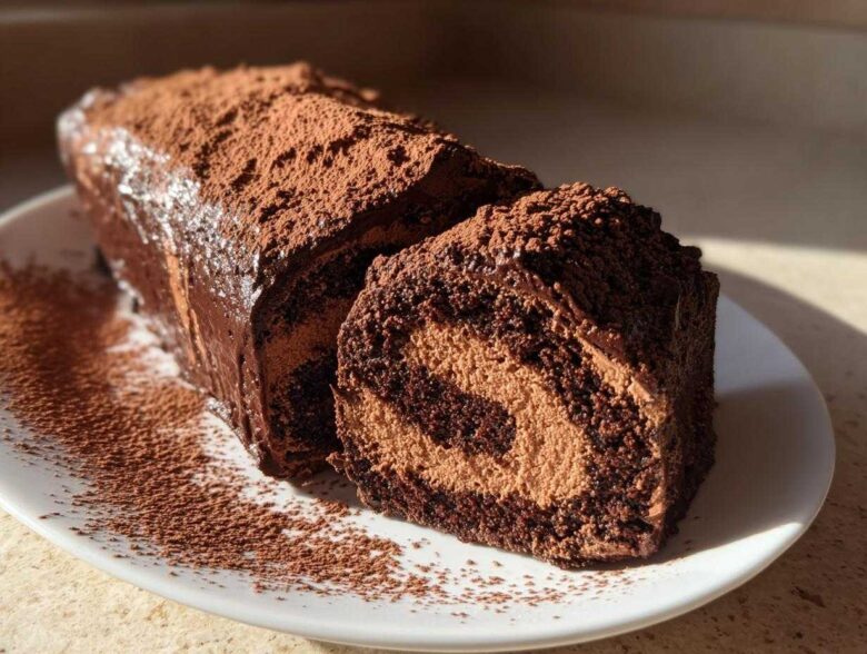 A rich, chocolate yule log cake dusted heavily with cocoa powder, with one slice cut to show the swirl of filling.