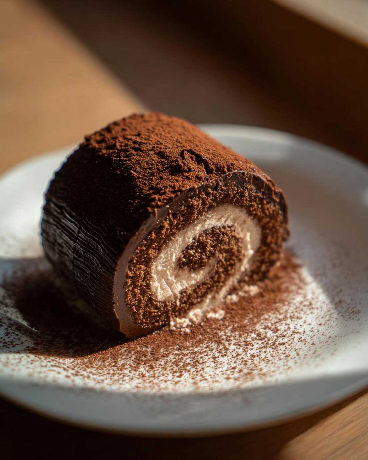 A rich slice of chocolate yule log cake showing the swirl of cream filling, dusted heavily with cocoa powder.