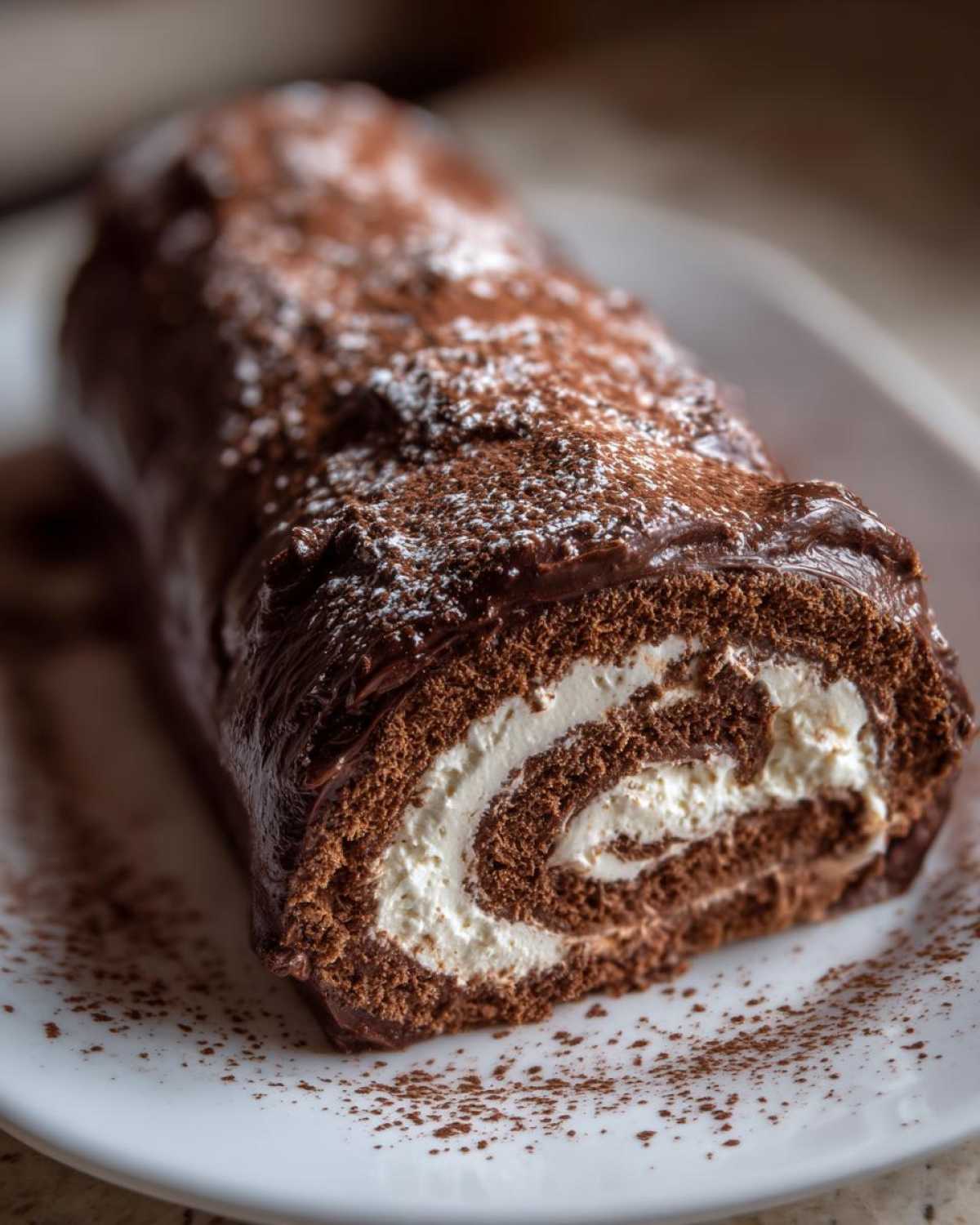 Cross-section of a rich chocolate yule log cake showing the white cream swirl filling.