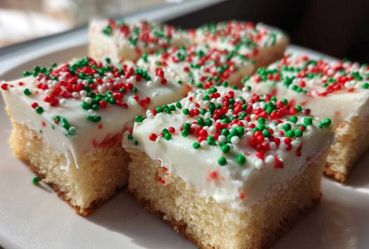 Close-up of frosted Christmas sugar cookie bars topped with red, green, and white sprinkles.