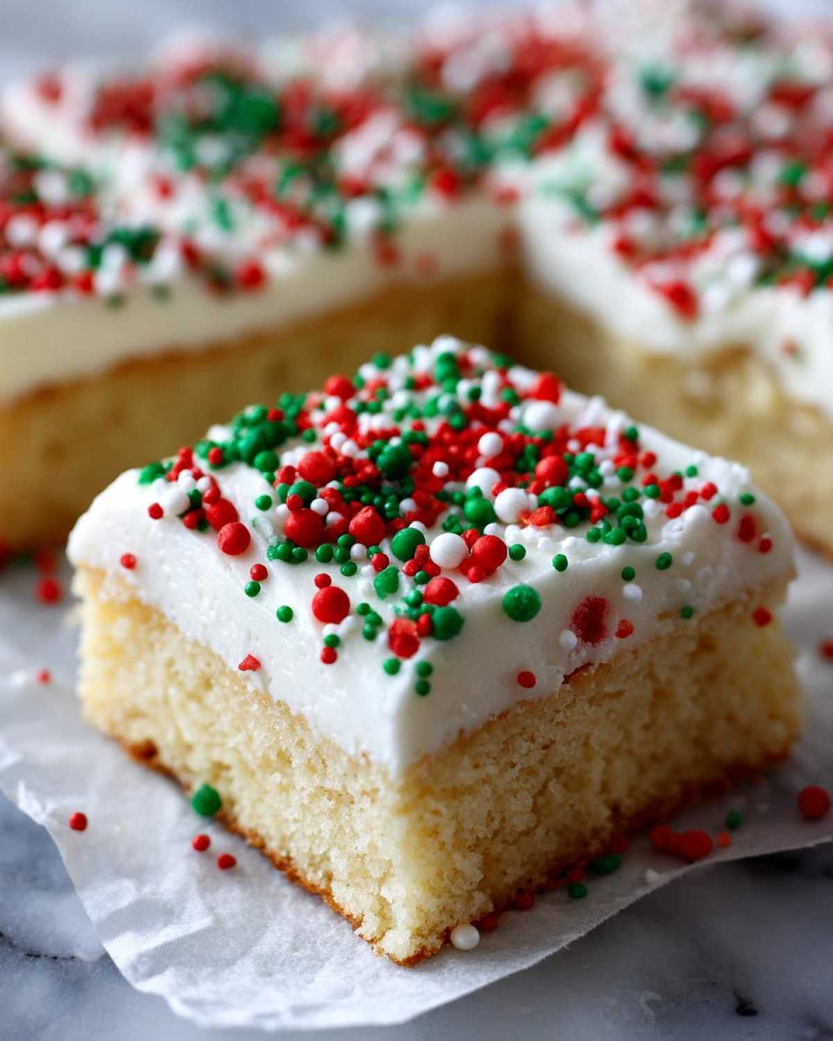 A square slice of fluffy christmas sugar cookie bars topped with white frosting and red, green, and white holiday sprinkles.