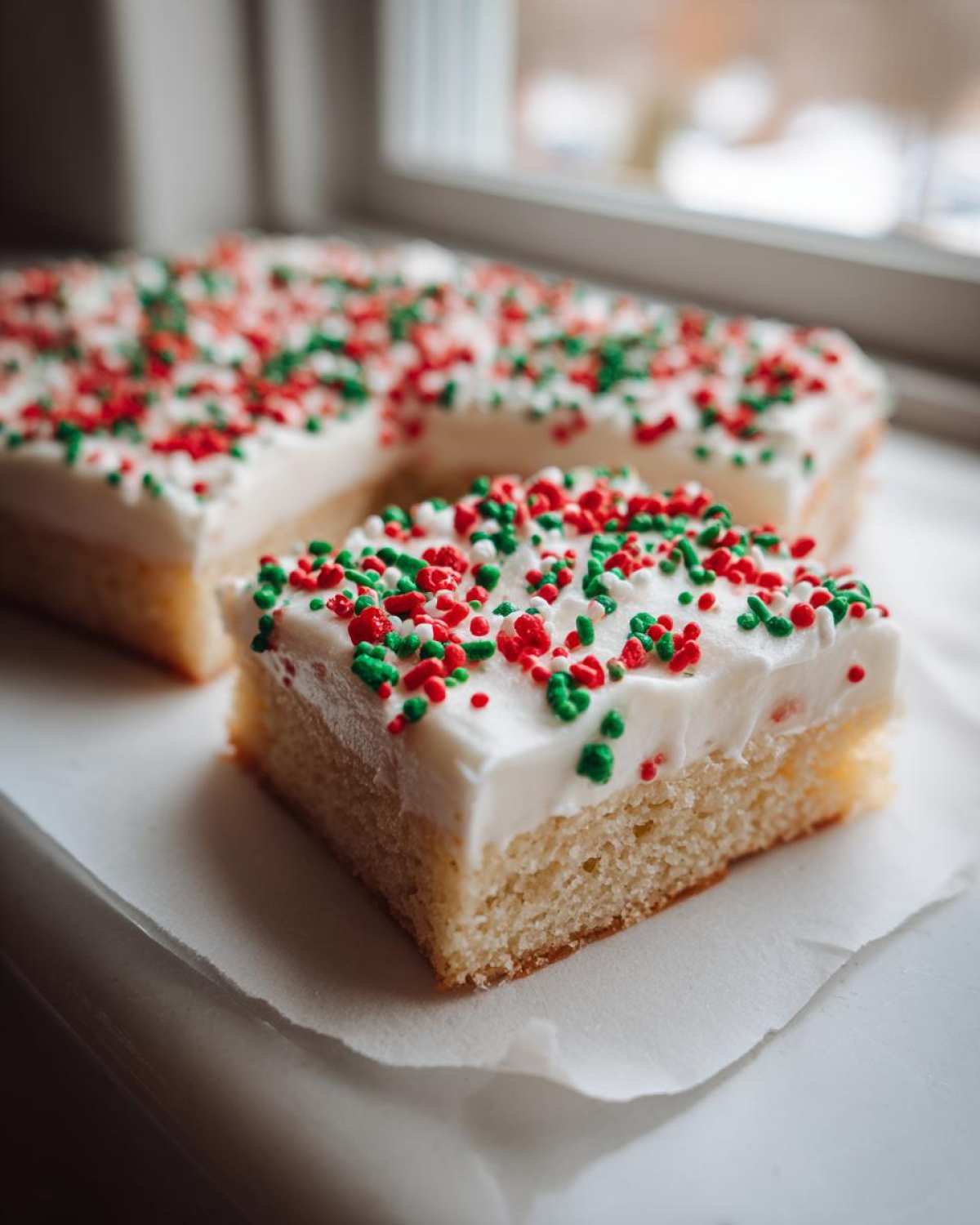 A close-up of a square slice of christmas sugar cookie bars topped with white frosting and red and green sprinkles.