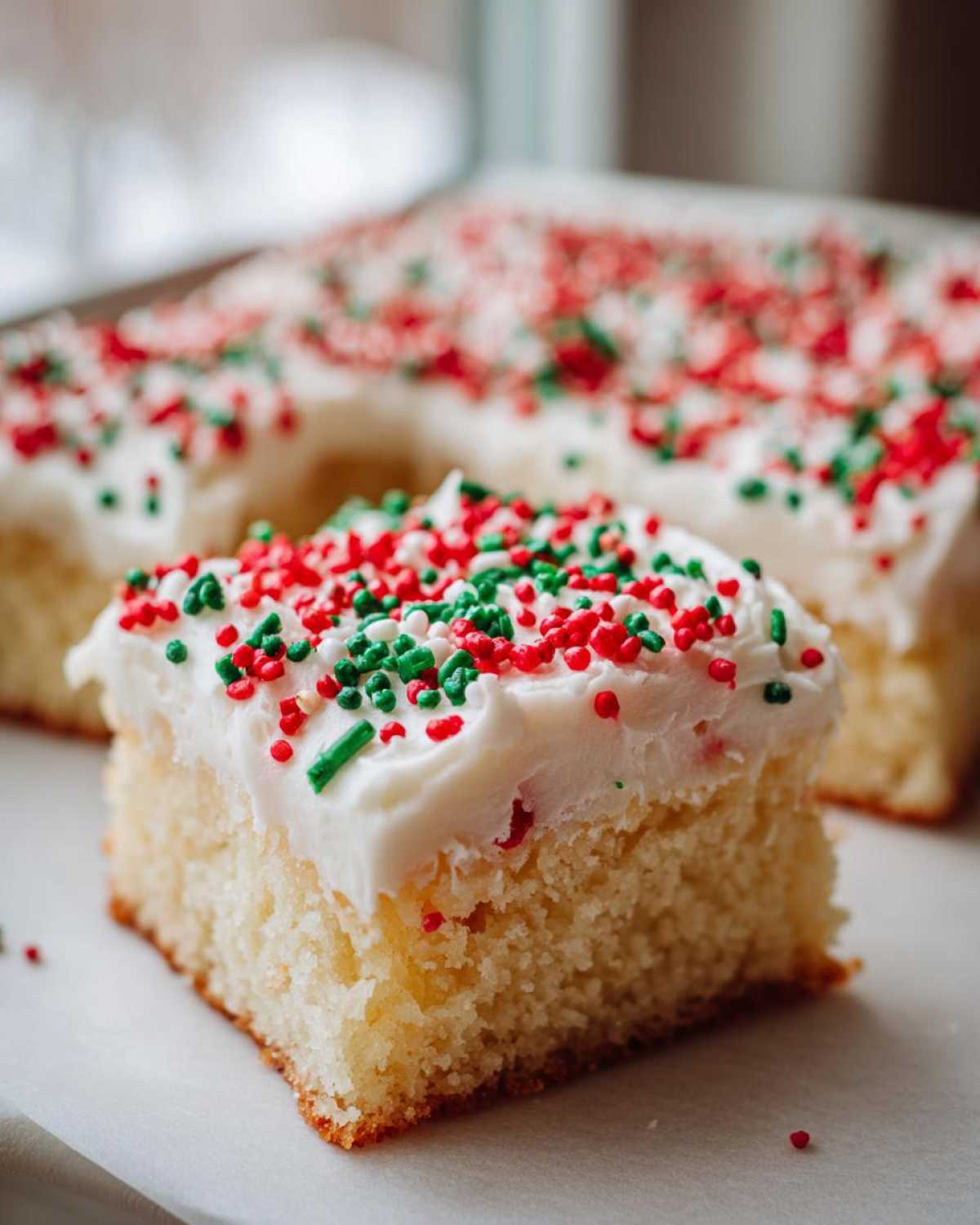 A close-up of a square slice of soft Christmas sugar cookie bars topped with white frosting and red and green sprinkles.